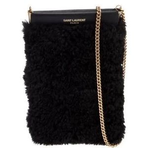NWT AND BOX Black Saint Laurent Shearling Mini Pac Pac Shoulder Bag Phone Case